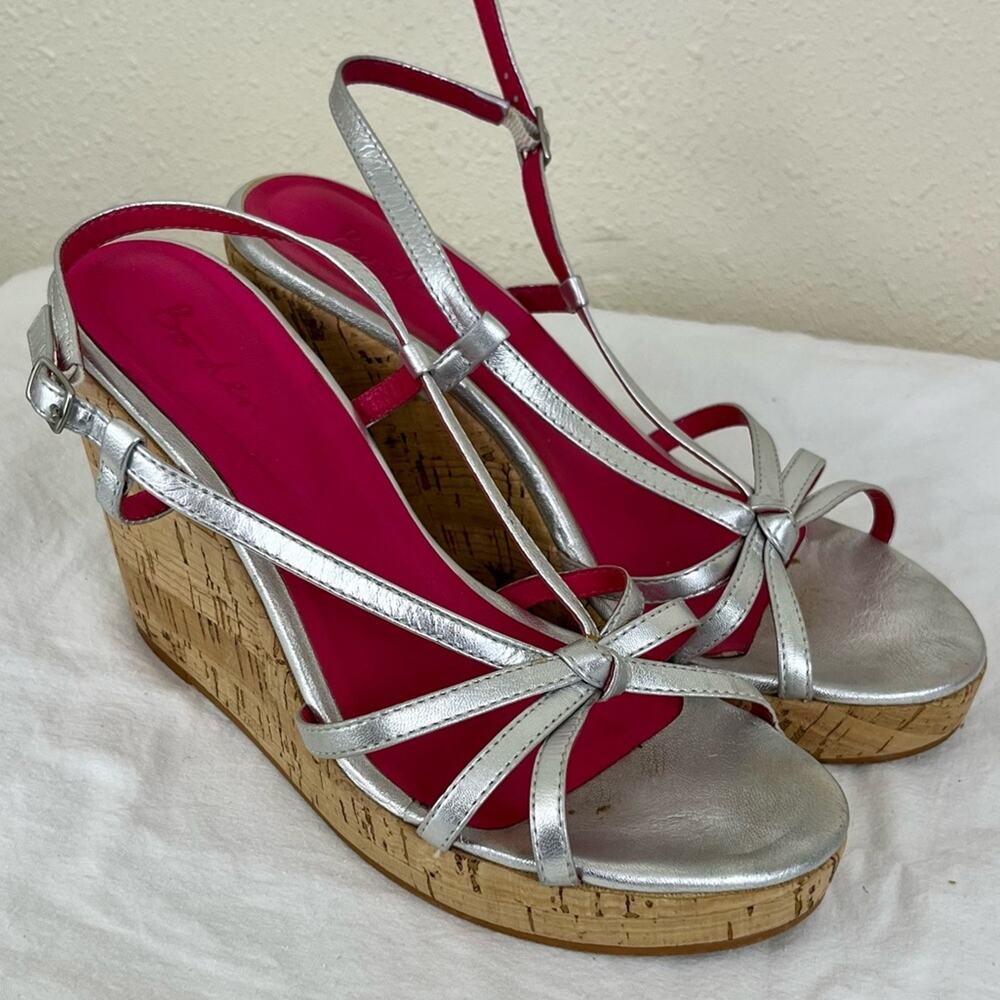 BODEN Silver Leather Strappy Platform Wedges Womens Size 39 US 8